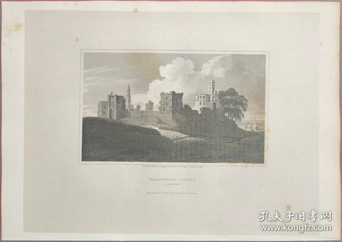 1814年 钢版画 雕刻凹版 中式拓裱《沃克沃斯城堡 WARKWORTH CASTLE,NORTHUM BERLAND》-出自 英国艺术家 卢克·克莱内尔（LUKE CLENNELL）作品，英国版画家 约翰-格里格 （John Greig）雕刻印制； 版画印制于印度纸，中式拓裱于皇室纸上(super royal paper)，纸张37x26cm