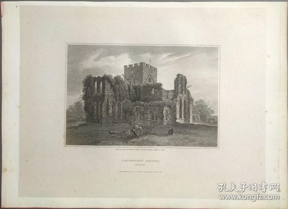 1814年 钢版画 雕刻凹版  中式拓裱《拉纳科斯特修道院 LANERCOST PRIORY》- 出自 英国艺术家 卢克·克莱内尔（LUKE CLENNELL）作品，英国版画家 约翰-格里格 （John Greig）雕刻印制； 版画印制于印度纸，中式拓裱于皇室纸上(super royal paper)，纸张37x26cm