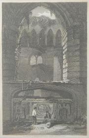 1814年 钢版画 雕刻凹版  中式拓裱《拉纳科斯特修道院内景 INTERIOR OF LANERCOST PRIORY》-出自 英国艺术家 卢克·克莱内尔（LUKE CLENNELL）作品，英国版画家 约翰-格里格 （John Greig）雕刻印制； 版画印制于印度纸，中式拓裱于皇室纸上(super royal paper)，纸张37x26cm