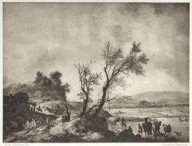 1888年“馆藏系列铜版画-阿姆斯特丹国家博物馆 ”大幅面照相凹版《沙土路的景观， Landscape with a Sandy Path 》-出自 荷兰黄金时代绘画大师菲利普斯·沃夫曼(Philips Wouwerman)作品（纸张开本43.5*34.5厘米）