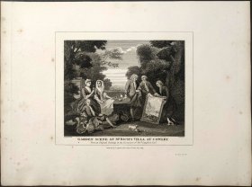 1824年 铜版画 雕刻凹版《花园景色 GARDEN SCENE AT M'RICHS VILLA AT COWLEY》- 出自 英国画家 威廉·荷加斯（William Hogarth）作品