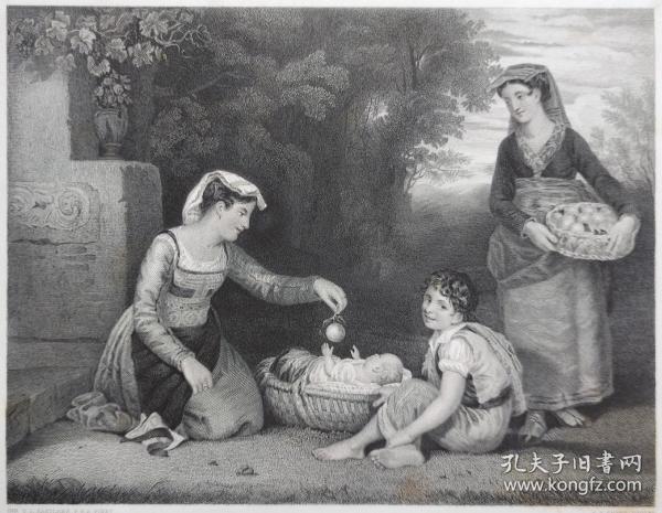 1867年  钢版画 雕刻凹版《意大利家庭，AN ITALIAN FAMILY》- 源自 英国画家  查理斯·洛克·伊斯特莱克爵士（Sir Charles Lock Eastlake）作品