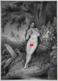 【初版】1863年 弥尔顿“失乐园”系列钢版画《夏娃采摘玫瑰，EVE EFFEUILLANT DES ROSES》【纸张尺寸43.5*32.5cm】