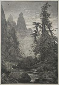 1873年 木口木刻 版画《瀑布下的塔溪,TOWER CREEK,BELOW THE FALLS》开纸41*27.8cm