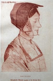 1885年 德家 石版画《托马斯·莫尔的女儿 伊丽莎白·丹西 ，ELIZABETH DANCY daughter of Sir Thomas More》原作 德国画家 汉斯·荷尔拜因（HANS HOLBEIN）作品、弗朗茨·汉恩斯坦印制、手工纸、纸张47*34厘米