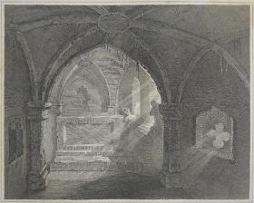 1814年 钢版画 雕刻凹版 中式拓裱《沃克沃斯修道院入口 THE INTERIOR OF WARKWORTH HERMITAGE》-出自 英国艺术家 卢克·克莱内尔（LUKE CLENNELL）作品，英国版画家 约翰-格里格 （John Greig）雕刻印制； 版画印制于印度纸，中式拓裱于皇室纸上(super royal paper)，纸张37x26cm
