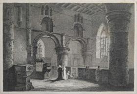 1814年 钢版画 雕刻凹版 中式拓裱《卡莱尔大教堂内景 INTERIOR OF CARLISLE CATHEDRAL》-出自 英国艺术家 卢克·克莱内尔（LUKE CLENNELL）作品，英国版画家 约翰-格里格 （John Greig）雕刻印制； 版画印制于印度纸，中式拓裱于皇室纸上(super royal paper)，纸张37x26cm