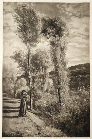 【汉斯·托马】1922年 铜版画 照相凹版《河畔 Herbft am Sadinger Rbeinufer》附资料页，汉斯·托马（Hans Thoma）德国画家