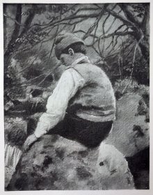 【汉斯·托马】1922年 铜版画 照相凹版《Bauernbuch am Waldbach》附资料页
