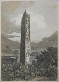 1814年 钢版画 雕刻凹版 中式拓裱《比尤卡斯尔十字碑 MONUMENT AT BEWCASTLE 》-绘画和雕刻 英国版画家 约翰-格里格 （John Greig）； 版画印制于印度纸，中式拓裱于皇室纸上(super royal paper)，纸张37x26cm