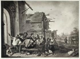 1888年“馆藏系列铜版画-阿姆斯特丹国家博物馆 ”大幅面照相凹版《乡村旅馆，Before a Village Inn》-出自 荷兰画家 科内利斯·萨夫特莱文（Cornelis·Saftleven）作品（纸张开本43.5*34.5厘米）