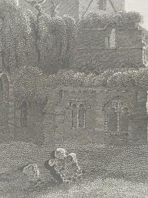 1814年 钢版画 雕刻凹版  中式拓裱《拉纳科斯特修道院 LANERCOST PRIORY》- 出自 英国艺术家 卢克·克莱内尔（LUKE CLENNELL）作品，英国版画家 约翰-格里格 （John Greig）雕刻印制； 版画印制于印度纸，中式拓裱于皇室纸上(super royal paper)，纸张37x26cm