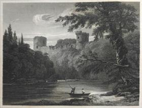 1814年 钢版画 雕刻凹版  中式拓裱《BOTHWELL CASTLE》- 出自 英国艺术家 卢克·克莱内尔（LUKE CLENNELL）作品，英国版画家 约翰-格里格 （John Greig）雕刻印制； 版画印制于印度纸，中式拓裱于皇室纸上(super royal paper)，纸张37x26cm