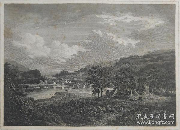 1814年 钢版画 雕刻凹版 中式拓裱《湖泊与桥的景致 LANGHOLM》-出自 英国艺术家 亚历山大·纳史密斯(Alexander·Nasmyth)作品，英国版画家 约翰-格里格 （John Greig）雕刻印制； 版画印制于印度纸，中式拓裱于皇室纸上(super royal paper)，纸张37x26cm