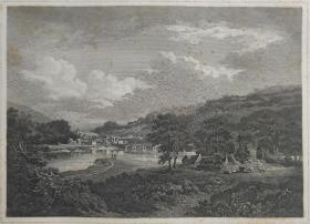 1814年 钢版画 雕刻凹版 中式拓裱《湖泊与桥的景致 LANGHOLM》-出自 英国艺术家 亚历山大·纳史密斯(Alexander·Nasmyth)作品，英国版画家 约翰-格里格 （John Greig）雕刻印制； 版画印制于印度纸，中式拓裱于皇室纸上(super royal paper)，纸张37x26cm