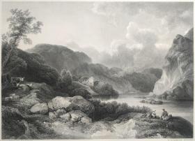 【弗农系列版画 附资料页】1851年 钢版画 雕刻凹版《A LAKE IN CUMBERLAND》