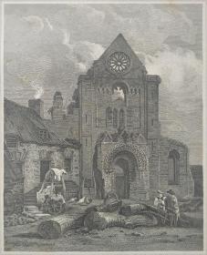 1814年 钢版画 雕刻凹版  中式拓裱《JEDBURGH ABBEY CHURCH ROXBURGHSHIRE》- 出自 英国艺术家 乔治·阿纳德（George Arnald）作品，英国版画家 约翰-格里格 （John Greig）雕刻印制； 版画印制于印度纸，中式拓裱于皇室纸上(super royal paper)，纸张37x26cm