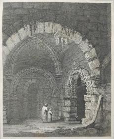 1814年 钢版画 雕刻凹版 中式拓裱《纽卡斯尔城堡 THE INTERIOR OF THE CASTLE AT NEWCASTLE,NORTHUM BERLAND》-出自 英国艺术家 卢克·克莱内尔（LUKE CLENNELL）作品，英国版画家 约翰-格里格 （John Greig）雕刻印制； 版画印制于印度纸，中式拓裱于皇室纸上(super royal paper)，纸张37x26cm