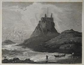 1814年 钢版画 雕刻凹版 中式拓裱《圣岛城堡  HOLY ISLAND CASTLE》-出自 英国艺术家 卢克·克莱内尔（LUKE CLENNELL）作品，英国版画家 约翰-格里格 （John Greig）雕刻印制； 版画印制于印度纸，中式拓裱于皇室纸上(super royal paper)，纸张37x26cm