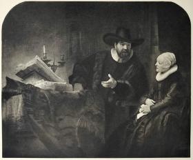 [伦勃朗] 1906年铜版画 照相凹版《与妻子交谈的牧师》39.6*29.8cm