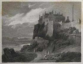 1814年 钢版画 雕刻凹版 中式拓裱《斯特灵城堡 STIRLING CASTLE》- 出自 英国艺术家 卢克·克莱内尔（LUKE CLENNELL）作品，英国版画家 约翰-格里格 （John Greig）雕刻印制； 版画印制于印度纸，中式拓裱于皇室纸上(super royal paper)，纸张37x26cm