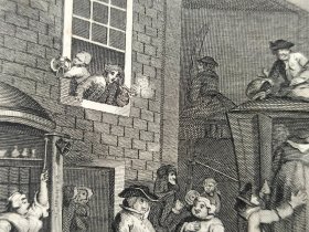 1824年 铜版画 雕刻凹版《A COUNTRY INN YARD》 -出自 英国艺术家 威廉·荷加斯(William Hogarth)作品，雕刻：托马斯·库克