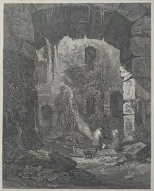 1814年 钢版画 雕刻凹版  中式拓裱《THE INTERIOR OF NEWARK CASTLE》-出自 英国艺术家 卢克·克莱内尔（LUKE CLENNELL）作品，英国版画家 约翰-格里格 （John Greig）雕刻印制； 版画印制于印度纸，中式拓裱于皇室纸上(super royal paper)，纸张37x26cm