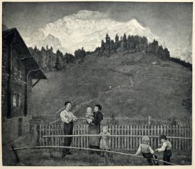 【汉斯·托马】1922年 铜版画 照相凹版《瑞士的傍晚 Abend in der Schweiz》附资料页