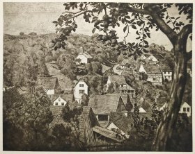 【汉斯·托马】1922年 铜版画 照相凹版《Mammolshain》附资料页，汉斯·托马（Hans Thoma）德国画家