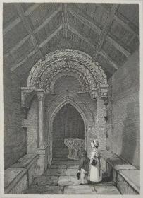 1814年 钢版画 雕刻凹版 中式拓裱《阿斯帕特里亚教堂入口 ENTRANCE TO ASPATRIA CHURCH》-出自 英国艺术家 卢克·克莱内尔（LUKE CLENNELL）作品，英国版画家 约翰-格里格 （John Greig）雕刻印制； 版画印制于印度纸，中式拓裱于皇室纸上(super royal paper)，纸张37x26cm
