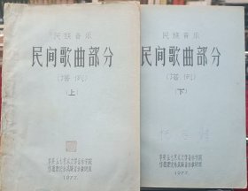 民族音乐民间歌曲部分（谱例）上下【两册，1977年油印本，目录详见拍图，当年中央音乐学院学生赵易元【钢琴专业】、杨马转【作曲专业】学习用品，收录简谱民歌230首，有的版本还有增补10首，十分珍贵的民间老歌集】