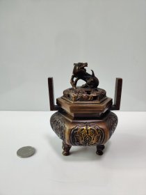 日本瑞兽钮凤鸟浮雕纹六角熏炉DF2-112