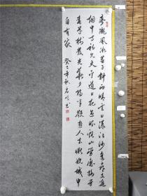 B14948号书法 文徵明 杂咏 春日游支硎天平诸山 121×33cm 作者：杨启明  麦陇风微燕子斜，雨晴云日丽江沙。遥寻支遁烟中寺，初见天平道上花。过眼溪山劳应接，方春草树发光华。夕阳半岭归舆急，惭愧城中自有家。