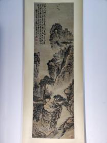 1075号卷轴国画写意山水题诗 倪瓒 为文举画泖山图因题 画心尺寸41×136cm 作者：石涛 款识：华亭西畔路，来访旧时踪。月浸半江水，莲开九朵峰。酒杯时可把，林叟或相从。兴尽泠然去，云涛起壑松。释善珍 策蹇 策蹇下山椒，冬深寒意骄。 瀑风吹帽湿，杉雪落衣销。 梅嫩有花早，桐衰无叶凋。 是山皆可隐，不用楚词招。癸未小春月 清湘石涛济山僧