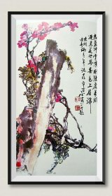 2100号卷轴国画写意花卉梅花 红梅图 画心61×34cm 作者：王小古 志气冲霄汉，刚强度万 。迎来花世界，春色上眉端。志刚 迎春俩青年志喜 辛酉小古并题王小古（1915-1982），江苏灌南县人。曾任临沂工艺美术家协会副主席，中国美协山东分会常务理事。