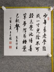 B18581号书法 朱熹 劝学 50×50cm 作者：王宗标 字方金 1938年3月生 浙江省温岭市人 绍兴市人民医院医学情报研究所协理员 副主任医师 曾任绍兴地区卫生局副局长 《绍兴市卫生志》主编等 退休后在绍兴市老年大学学习诗词 书法   少年易老学难成，一寸光阴不可轻。未觉池塘春草梦，阶前梧叶已秋声。