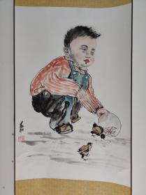 919号卷轴国画写意人物 喂鸡的小男孩 画心尺寸41.5×63cm 作者：蒋兆和