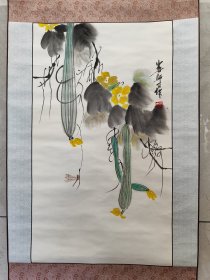 1868号卷轴国画写意瓜果虫草 丝瓜蜻蜓图 画心68×39cm 作者：娄师白 娄师白作 印：齐大