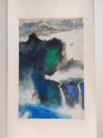 1202号卷轴国画大写意泼彩山水瀑布行舟 画心尺寸44.5×69cm 作者：张 大千 犹怯照晚妆 洲意何消息 六十八年秋摩耶精舍写 大千居士爰