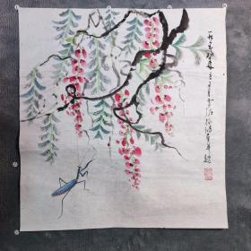 B44119号国画写意花卉虫草 紫藤螳螂图 46×50cm 作者：孙雪泥（1889年7月—1965年7月），又名鸿、杰生，字翠章，号枕流，别署枕流居士，江苏松江（今属上海市）人，美术家。 生前为中国美术家协会会员，美协上海分会理事，上海中国书法篆刻研究会会员，上海文史馆馆员，农工民主党党员。