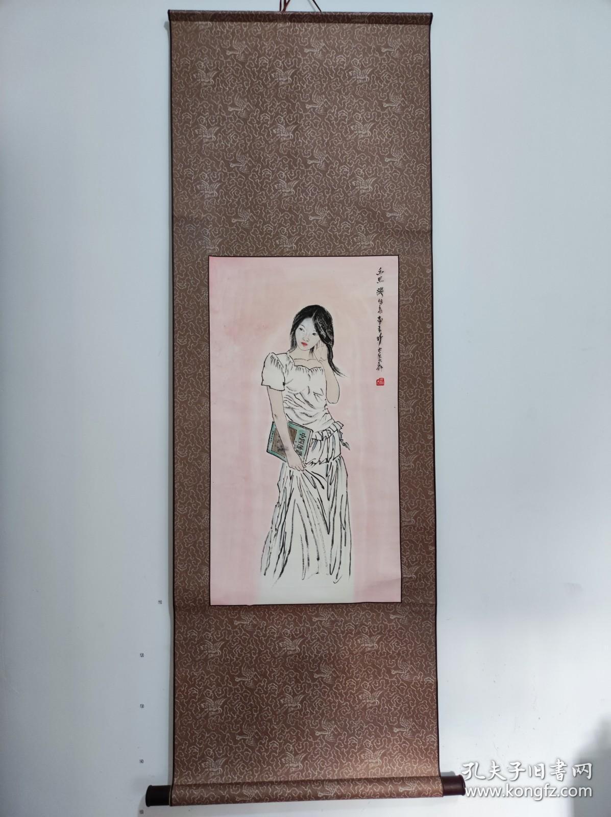 648号卷轴国画写意人物 少女幽思 画心35×64cm 作者：苗再新 陈石松藏