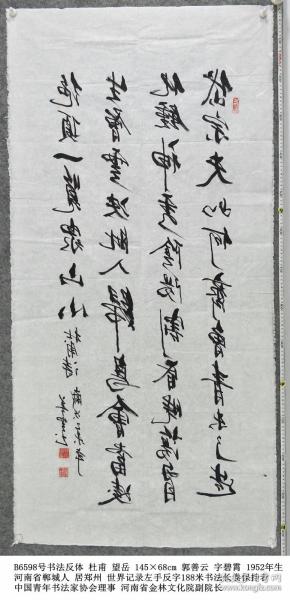 B6598号书法反体 杜甫 望岳 145×68cm 郭善云 字碧霄 生于1952年 河南省郸城人 现居郑州 世界记录左手反字188米书法长卷保持者 中国青年书法家协会理事，中华清风书画家协会会员 现为河南省中国书画家协会理事，河南省鸿程文化艺术院院长，河南省金林文化院副院长   岱宗夫如何？齐鲁青未了。造化钟神秀，阴阳割昏晓。荡胸生层云，决眦入归鸟。会当凌绝顶，一览众山小。