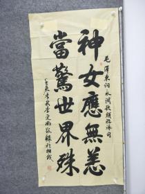 B11348號(hào)書(shū)法 毛澤東詞 神女應(yīng)無(wú)恙 當(dāng)驚世界殊 134×68cm 作者：李定南 1942年生于湖南郴州?，F(xiàn)為中國(guó)當(dāng)代藝術(shù)家協(xié)會(huì)榮譽(yù)理事·一級(jí)書(shū)法師，書(shū)畫(huà)委員會(huì)藝術(shù)顧問(wèn)，中國(guó)書(shū)畫(huà)家協(xié)會(huì)理事；中國(guó)老年書(shū)畫(huà)學(xué)會(huì)書(shū)法委員會(huì)委員；中國(guó)傳統(tǒng)藝術(shù)協(xié)會(huì)副會(huì)長(zhǎng)