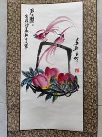 1863号卷轴国画写意花鸟寿桃绶带鸟 双寿图 多寿 画心68×34cm 作者：娄师白 娄师白作 多寿 丙戌初夏师白又篆 印：白石翁