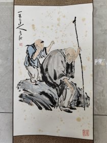 2137号卷轴国画写意人物老夫少童 捶背图 画心67×40cm 作者：李耕 一亚道人 李耕 印：幽意在鸣琴 出处：2020-09-26 保利厦门拍卖公司 保利厦门2020春季拍卖会 0081 李耕 捶背图 立轴 题识：一琴道人李耕。海外藏家友情提供