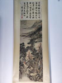 1077号卷轴国画写意山水楼阁 关东秋景 画心尺寸39×103×34cm 作者：杨伯润 款识： 水落秋宇空,天寒远山净,何处转吟眸,遥林一声磬。己亥春三月 石壁无云涧户明, 密林风劲晓寒生。 秋堂山影琴中听, 都作烟泉落叶声。尽道此山秋不入,无霜林叶为谁红。清道人书