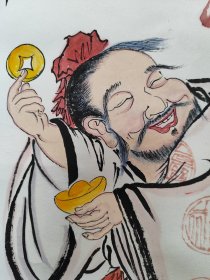 2168号卷轴国画写意禅意画人物大财主 财福双全 画心62×33cm 作者：石僧 财福双全 壬寅端午节 光州石僧作  石僧，原名姜兆兴，别署石僧，哑石山房主人，1976年生，祖籍青岛崂山，现居莱州。善泥塑，临习油画二十余年，近年转习国画，为琅琊近僧先生入室弟子。