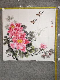 B20249号国画写意花鸟 牡丹麻雀 68×69cm 作者：连洁