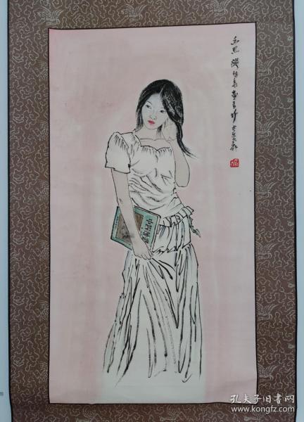 648号卷轴国画写意人物 少女幽思 画心35×64cm 作者：苗再新 陈石松藏