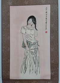 648号卷轴国画写意人物 少女幽思 画心35×64cm 作者：苗再新 陈石松藏